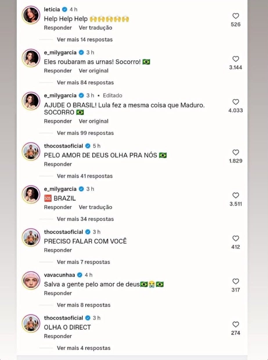 Comentários deixados em uma publicação de Donald Trump, presidente dos Estados Unidos Comentários deixados em uma publicação de Donald Trump, presidente dos Estados Unidos