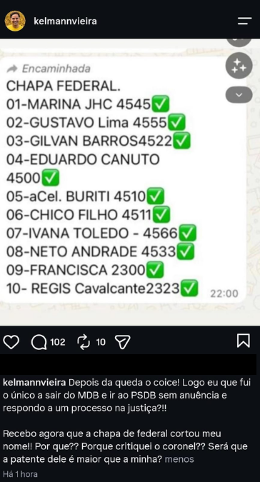 Publicação realizada por Kelmann Vieira na noite desta quarta-feira (5)