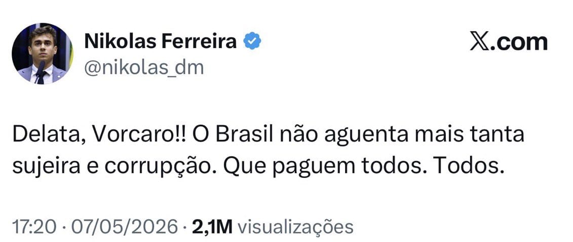 Publicação de Nikolas Ferreira em seu perfil oficial no X (antigo Twitter)